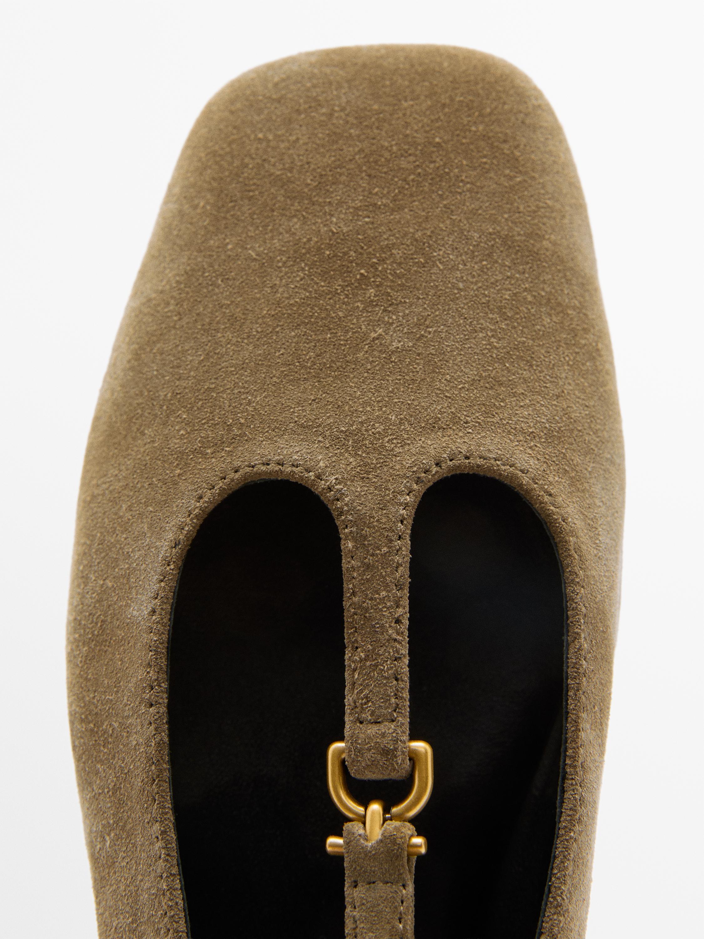 Split suede ballet flats with instep strap